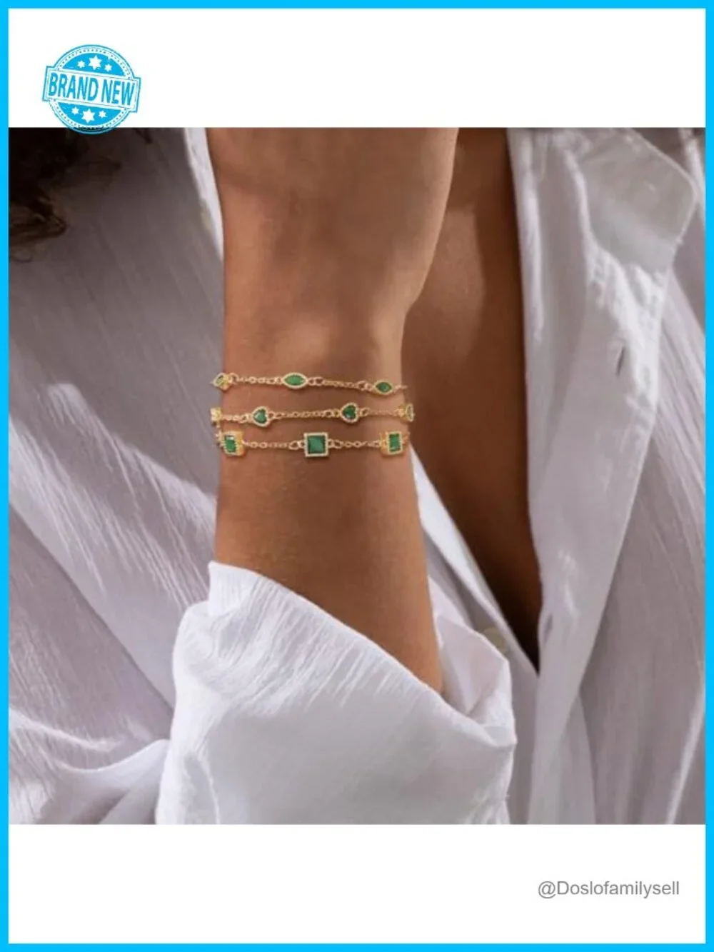 14K Gold Plated Dainty Link Bracelet Set with Green CZ Stones Stackable Jewelry